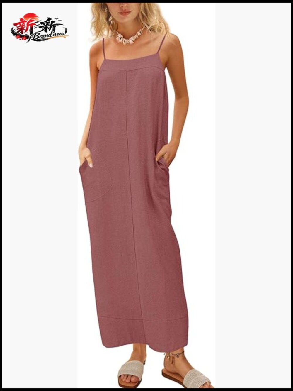 Womens Linen Maxi Dress Square Neck Spaghetti Strap Sleeveless Backless with